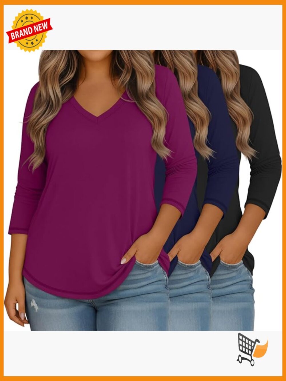 Plus Size 3/4 Sleeve V-Neck Tee Shirts 3 Pack Loose Fit Cotton Spandex Blouses